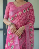 Rose Fuchsia Bandhani Fusion Digital Print Linen Cotton Saree - Image 4