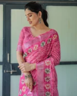 Rose Fuchsia Bandhani Fusion Digital Print Linen Cotton Saree - Image 3