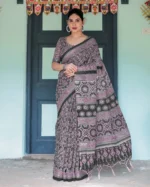Midnight Charcoal & Magenta Ajrakh Digital Print Linen Cotton Saree