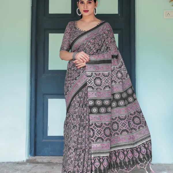Midnight Charcoal & Magenta Ajrakh Digital Print Linen Cotton Saree