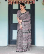 Midnight Charcoal & Magenta Ajrakh Digital Print Linen Cotton Saree - Image 2