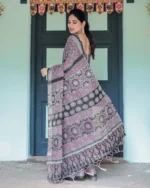 Midnight Charcoal & Magenta Ajrakh Digital Print Linen Cotton Saree - Image 5