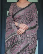 Midnight Charcoal & Magenta Ajrakh Digital Print Linen Cotton Saree - Image 4