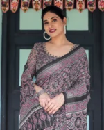 Midnight Charcoal & Magenta Ajrakh Digital Print Linen Cotton Saree - Image 3