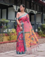 Fuchsia Pink Kalamkari Vine Digital Print Linen Cotton Saree
