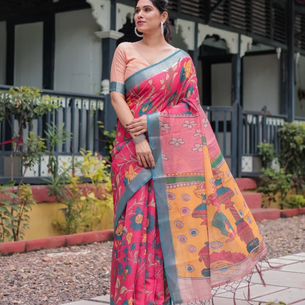 Fuchsia Pink Kalamkari Vine Digital Print Linen Cotton Saree