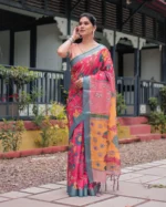 Fuchsia Pink Kalamkari Vine Digital Print Linen Cotton Saree - Image 2