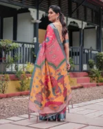 Fuchsia Pink Kalamkari Vine Digital Print Linen Cotton Saree - Image 5