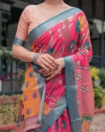 Fuchsia Pink Kalamkari Vine Digital Print Linen Cotton Saree - Image 4