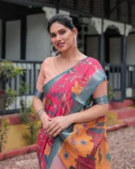 Fuchsia Pink Kalamkari Vine Digital Print Linen Cotton Saree - Image 3