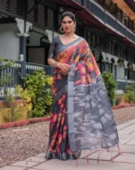 Midnight Charcoal  Digital Print Linen Cotton Saree