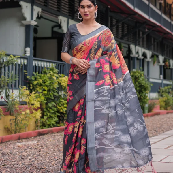 Midnight Charcoal  Digital Print Linen Cotton Saree