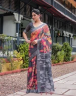Midnight Charcoal  Digital Print Linen Cotton Saree - Image 3
