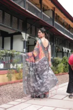 Midnight Charcoal  Digital Print Linen Cotton Saree - Image 6