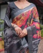 Midnight Charcoal  Digital Print Linen Cotton Saree - Image 5