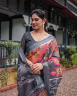 Midnight Charcoal  Digital Print Linen Cotton Saree - Image 4