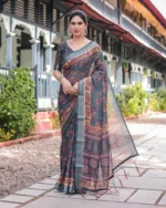 Slate Grey Antique Vine Digital Print Linen Cotton Saree