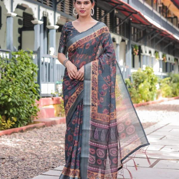 Slate Grey Antique Vine Digital Print Linen Cotton Saree