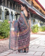 Slate Grey Antique Vine Digital Print Linen Cotton Saree - Image 5