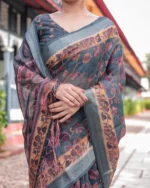 Slate Grey Antique Vine Digital Print Linen Cotton Saree - Image 4