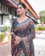 Slate Grey Antique Vine Digital Print Linen Cotton Saree - Image 3
