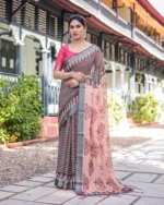 Midnight Charcoal Lattice & Peach Heritage Digital Print Saree