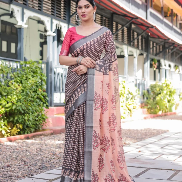 Midnight Charcoal Lattice & Peach Heritage Digital Print Saree