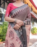 Midnight Charcoal Lattice & Peach Heritage Digital Print Saree - Image 4