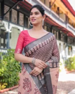Midnight Charcoal Lattice & Peach Heritage Digital Print Saree - Image 3