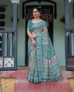 Teal Gardenia Digital Print Linen Cotton Saree in Vintage Floral