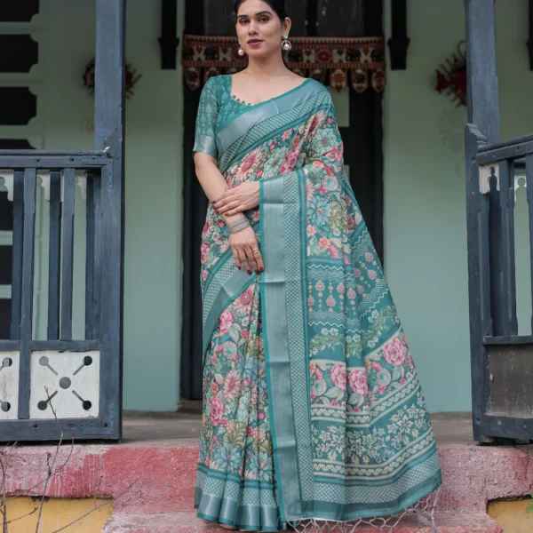 Teal Gardenia Digital Print Linen Cotton Saree in Vintage Floral
