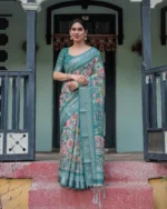 Teal Gardenia Digital Print Linen Cotton Saree in Vintage Floral - Image 2