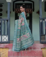 Teal Gardenia Digital Print Linen Cotton Saree in Vintage Floral - Image 5