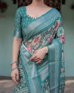 Teal Gardenia Digital Print Linen Cotton Saree in Vintage Floral - Image 4