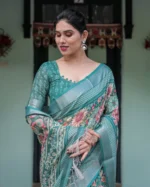 Teal Gardenia Digital Print Linen Cotton Saree in Vintage Floral - Image 3