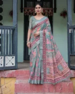 Sage Green Heritage Lotus Digital Print Linen Cotton Saree