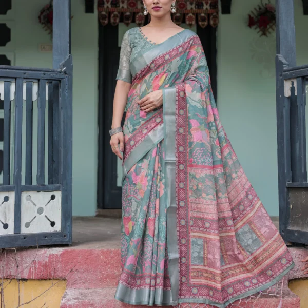 Sage Green Heritage Lotus Digital Print Linen Cotton Saree