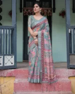 Sage Green Heritage Lotus Digital Print Linen Cotton Saree - Image 2