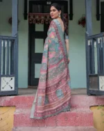 Sage Green Heritage Lotus Digital Print Linen Cotton Saree - Image 5