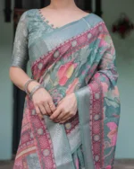 Sage Green Heritage Lotus Digital Print Linen Cotton Saree - Image 4