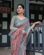 Sage Green Heritage Lotus Digital Print Linen Cotton Saree - Image 3