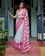 Off-White and Rani Pink Digital Geometric Printed Linen Cotton Saree