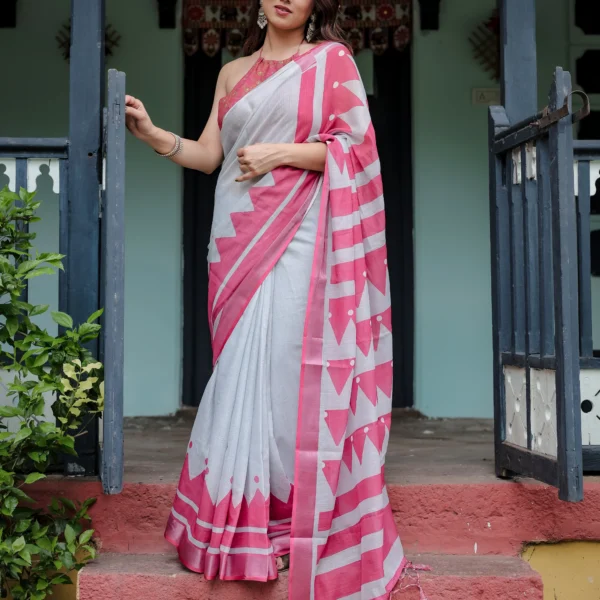 Off-White and Rani Pink Digital Geometric Printed Linen Cotton Saree