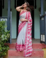 Off-White and Rani Pink Digital Geometric Printed Linen Cotton Saree - Image 2