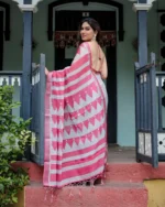 Off-White and Rani Pink Digital Geometric Printed Linen Cotton Saree - Image 5