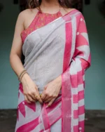 Off-White and Rani Pink Digital Geometric Printed Linen Cotton Saree - Image 3