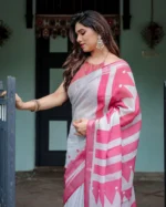 Off-White and Rani Pink Digital Geometric Printed Linen Cotton Saree - Image 4