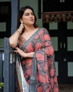 Charcoal & Coral Crimson Paisley Print Linen Cotton Saree - Image 3