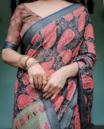 Charcoal & Coral Crimson Paisley Print Linen Cotton Saree - Image 4