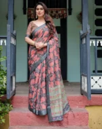 Charcoal & Coral Crimson Paisley Print Linen Cotton Saree